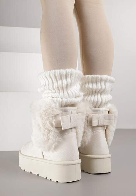 Beżowe Śniegowce z Cholewką za Kostkę Ocieplane z Futerkiem i Małą Kokardą Reinedia 5