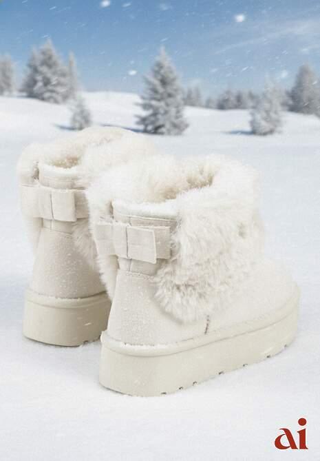 Beżowe Śniegowce z Cholewką za Kostkę Ocieplane z Futerkiem i Małą Kokardą Reinedia