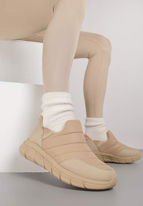 Ciemnobeżowe Sneakersy Śniegowce na Platformie z Tłoczeniem i Pikowaną Cholewką Vermina