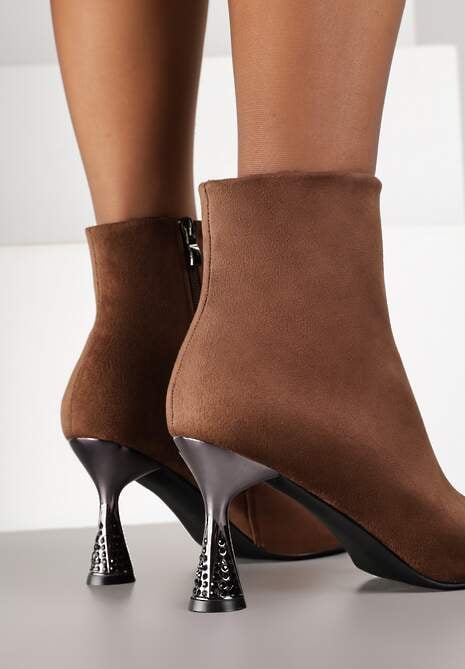 Brązowe Botki Vices z Noskiem w Szpic na Klepsydrowym Obcasie Cinella 4