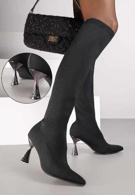 Czarne Kozaki Vices ze Skarpetkową Cholewką na Klepsydrze z Cyrkoniami Gioluna