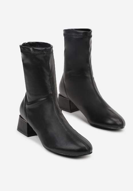 Czarne Eleganckie Botki VICES Skarpetkowe na Klocku z Metalicznym Zdobieniem Rivite 5