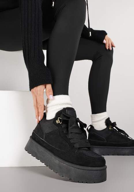 Czarne Sneakersy Śniegowce o Fasonie Sneakersów na Platformie Velavine