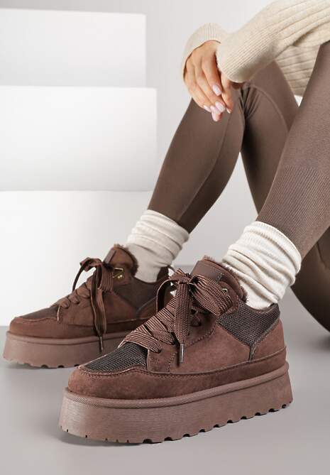 Brązowe Sneakersy Śniegowce o Fasonie Sneakersów na Platformie Velavine