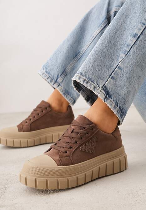 Jasnobrązowe Sneakersy Vices na Platformie z Ozdobą i Napisem Leawen