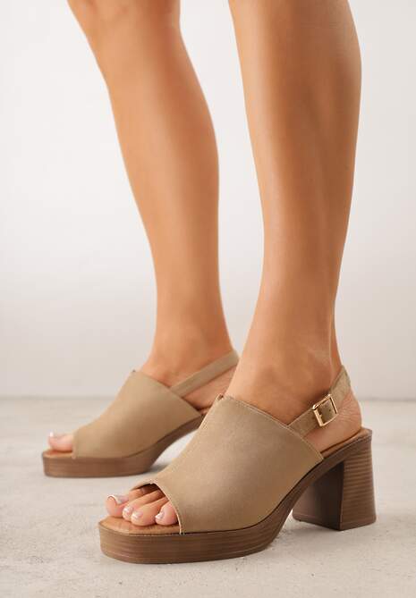 Ciemnobeżowe Sandały VICES na Słupku i Platformie Stylizowanych na Drewniane Lobenti