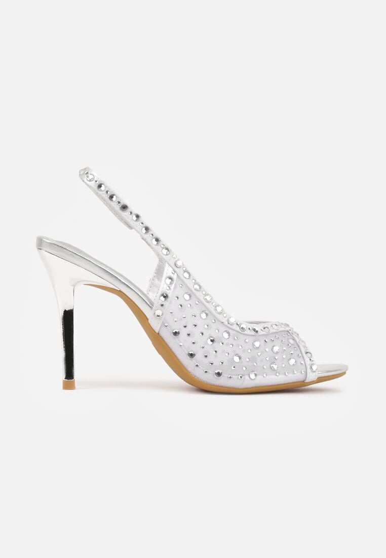 Srebrne Siateczkowe Sandały na Szpilce VICES Ozdobione Cyroniami Amamenis 4