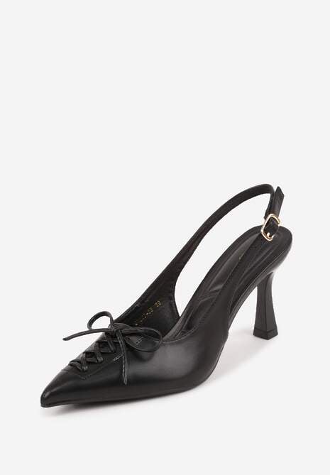 Czarne Szpilki Slingback VICES Zdobione Gorsetowym Wiązaniem z Kokardą Azimuna 5