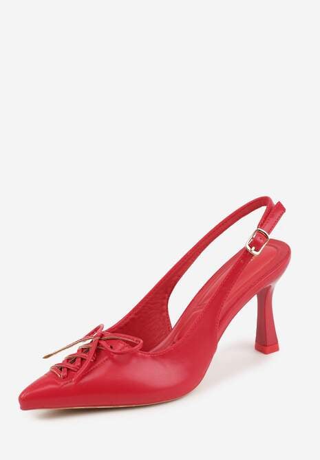 Czerwone Szpilki Slingback VICES Zdobione Gorsetowym Wiązaniem z Kokardą Azimuna 5
