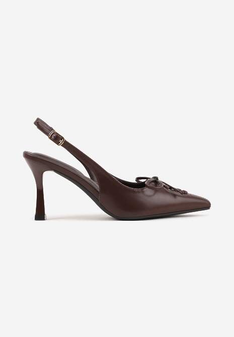Brązowe Szpilki Slingback VICES Zdobione Gorsetowym Wiązaniem z Kokardą Azimuna 4