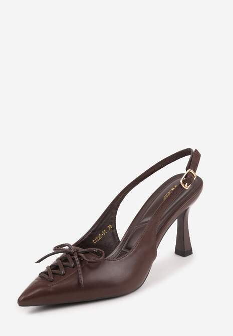 Brązowe Szpilki Slingback VICES Zdobione Gorsetowym Wiązaniem z Kokardą Azimuna 5