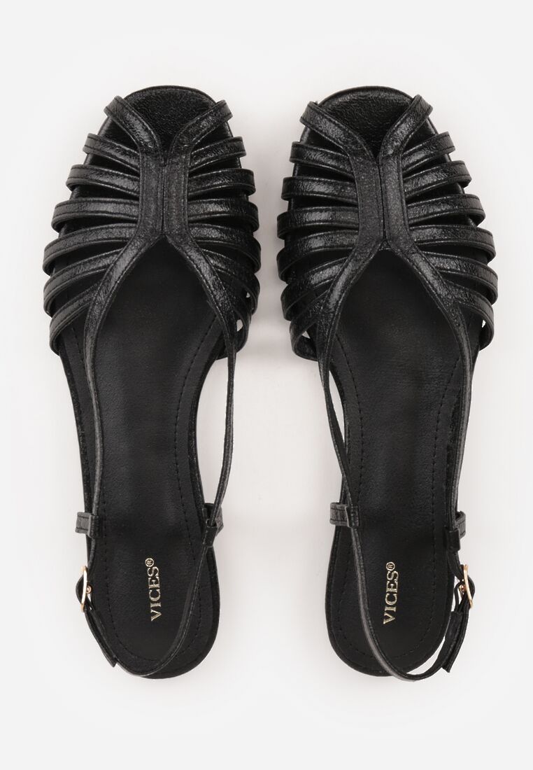 Czarne Sandały Peep Toe VICES na Płaskiej Podeszwie z Cienkimi Paseczkami Nadalila 6
