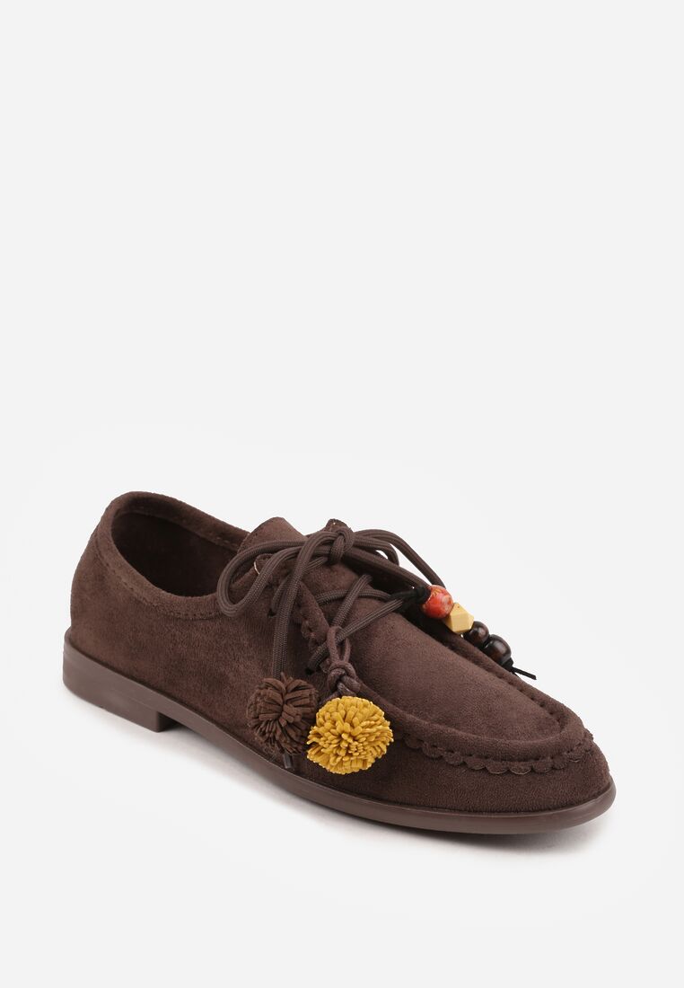 Ciemnobrązowe Mokasyny VICES ze Skórzaną Wkładką i Pomponami Loraerin 5