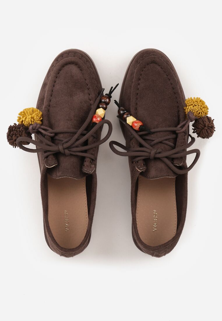 Ciemnobrązowe Mokasyny VICES ze Skórzaną Wkładką i Pomponami Loraerin 6