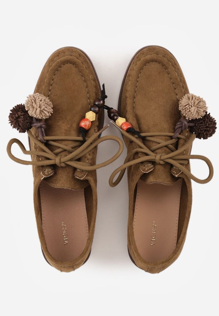 Ciemnobeżowe Mokasyny VICES ze Skórzaną Wkładką i Pomponami Loraerin 6