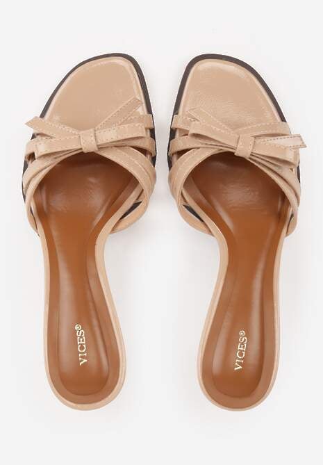 Ciemnobeżowe Klapki VICES na Obcasie Kaczuszka z Ozdobną Kokardką Hesephone 6