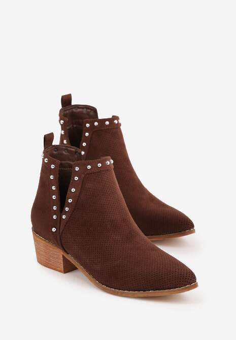 Brązowe Botki Vices na Słupku z Ażurową Cholewką Nitami i Wycięciem Borfedi 5