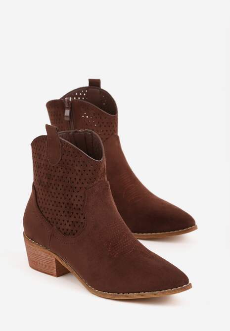 Brązowe Botki Kowbojki Vices na Słupku z Ażurową Cholewką Elfedi 5