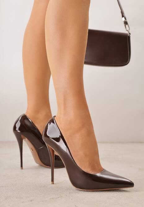 Brązowe Lakierowane Szpilki VICES na Ozdobnym Obcasie Zafriah