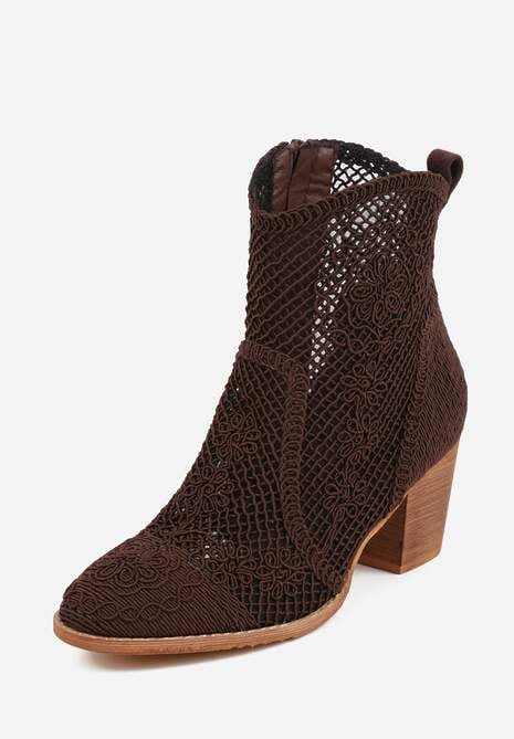 Brązowe Ażurowe Botki Kowbojki VICES na Stożkowym Obcasie Natesela 5