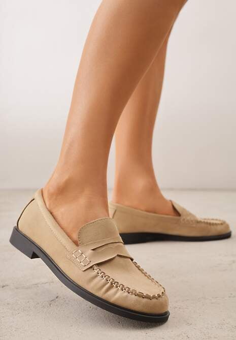 Beżowe Mokasyny VICES z Wkładką ze Skóry Naturalnej i Przeszyciami Astanie