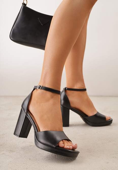 Czarne Sandały VICES na Słupku i Grubej Podeszwie z Wkładką ze Skóry Naturalnej Adeia