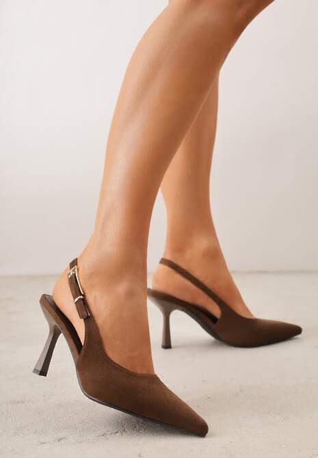 Brązowe Szpilki Slingback VICES z Imitacji Zamszu z Prostokątną Klamerką Natuma