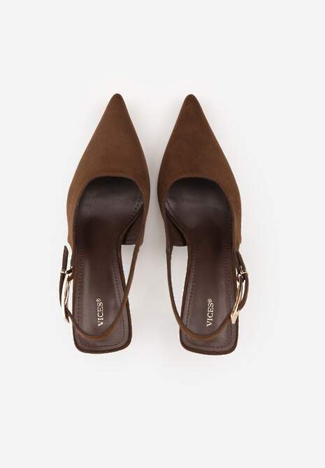 Brązowe Szpilki Slingback VICES z Imitacji Zamszu z Prostokątną Klamerką Natuma 6