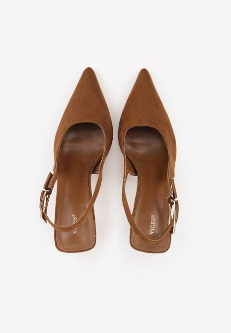 Jasnobrązowe Szpilki Slingback VICES z Imitacji Zamszu z Prostokątną Klamerką Natuma 6