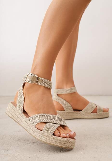Jasnobeżowe Sandały z Plecionki w Stylu Boho VICES z Paskami w Kształcie X Nahmala