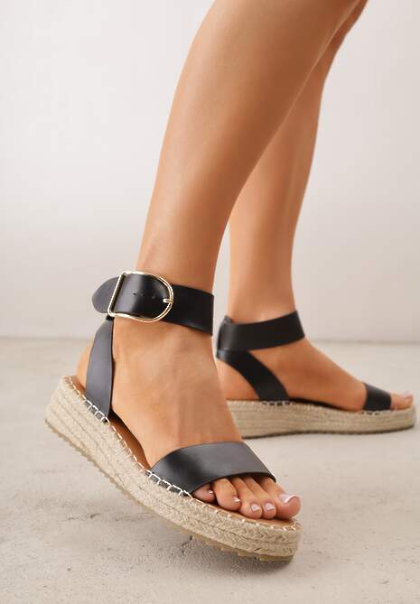 Czarne Sandały VICES na Plecionej Grubej Podeszwie z Paskiem Wokół Kostki Casilla