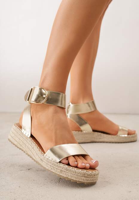 Złote Sandały VICES na Plecionej Grubej Podeszwie z Paskiem Wokół Kostki Casilla