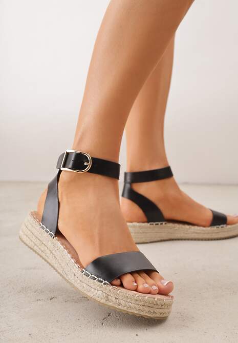 Czarne Sandały VICES na Platformie z Plecionki z Szerokim Paskiem z Klamrą Jurelle