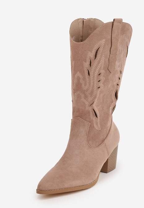 Ciemnobeżowe Ażurowe Botki Kowbojki VICES na Słupku Falenatea 5