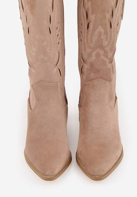 Ciemnobeżowe Ażurowe Botki Kowbojki VICES na Słupku Falenatea 6