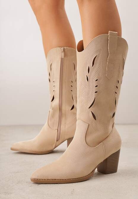 Beżowe Ażurowe Botki Kowbojki VICES na Słupku Falenatea