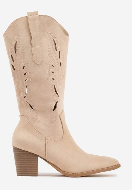 Beżowe Ażurowe Botki Kowbojki VICES na Słupku Falenatea 4