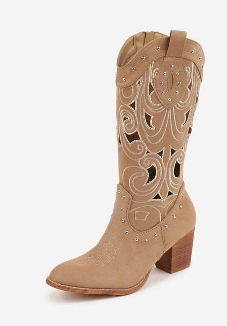 Ciemnobeżowe Ażurowe Botki Kowbojki VICES na Stożku Zdobione Nitami Sennatea 5
