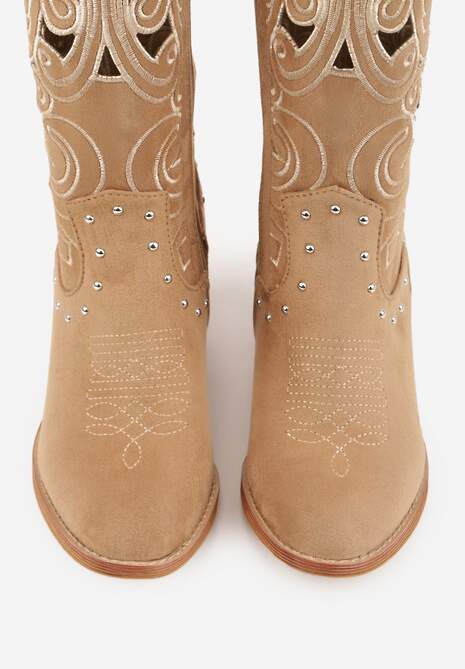 Ciemnobeżowe Ażurowe Botki Kowbojki VICES na Stożku Zdobione Nitami Sennatea 6