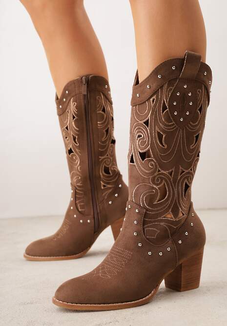Brązowe Ażurowe Botki Kowbojki VICES na Stożku Zdobione Nitami Sennatea
