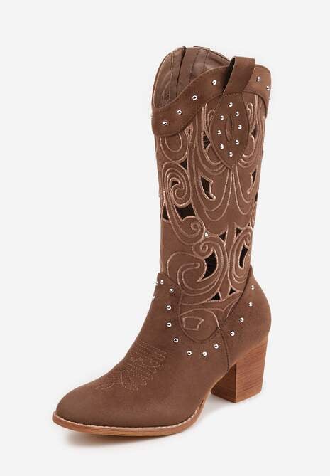 Brązowe Ażurowe Botki Kowbojki VICES na Stożku Zdobione Nitami Sennatea 5