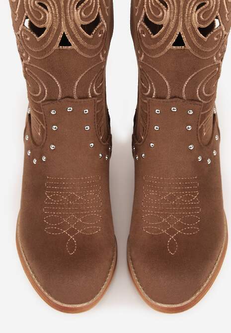 Brązowe Ażurowe Botki Kowbojki VICES na Stożku Zdobione Nitami Sennatea 6