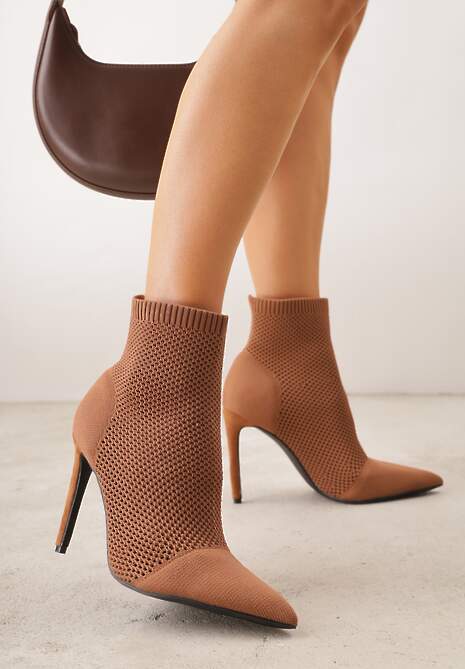 Brązowe Botki VICES na Szpilce z Elastyczną Dzianinową Cholewką Dedanna