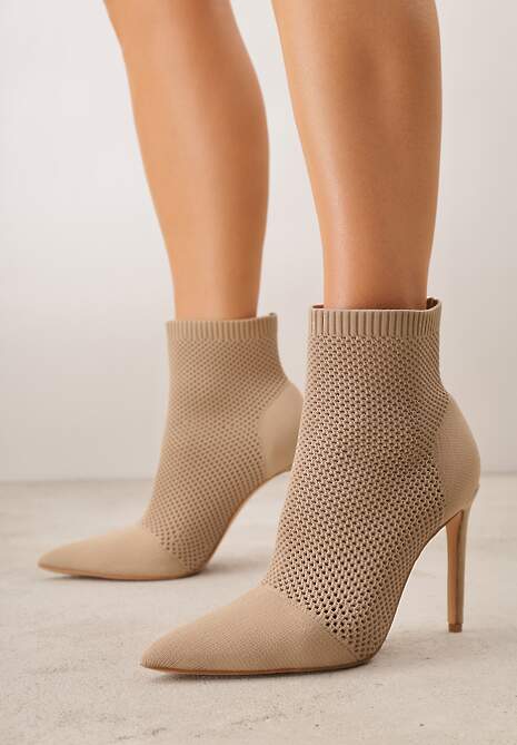 Ciemnobeżowe Botki VICES na Szpilce z Elastyczną Dzianinową Cholewką Dedanna
