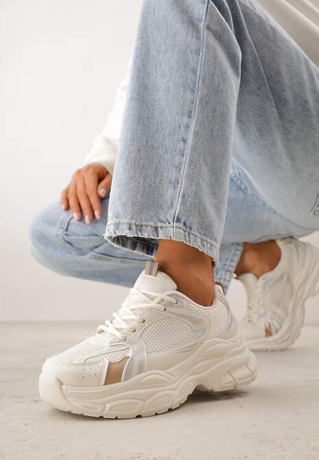 Beżowe Sneakersy VICES na Geometrycznej Platformie z Perforacją Elinata