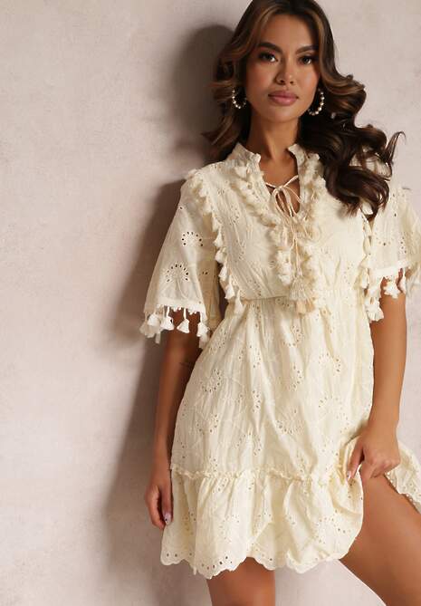 Maleny embellished fluted hem dress beige top