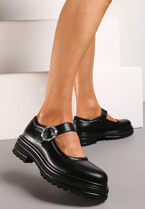 Czarne P buty Mary Jane na Grubej Podeszwie z Ozdobn Sprz czk
