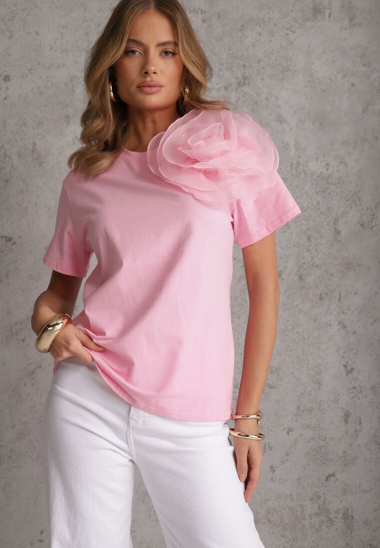 T-Shirt W Kwiatowy Wzór Modny Z Krótkim Rękawem