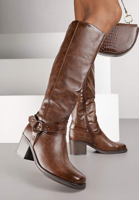 【新品】neru design kozara BRUNT LILY olive② Czarne Kozaki Biker z Kwadratowym Noskiem i Ozdobną Klamerką