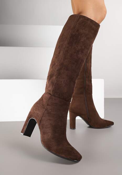 mimosaページ Brązowe Klasyczne Kozaki z Imitacji Zamszu na Słupkowym